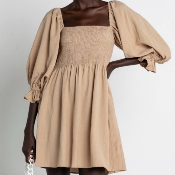 Kourt Portia Smocked Flax Linen Blend Mini Dress Sz Small - Picture 2 of 12